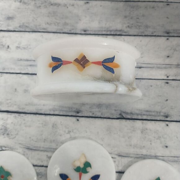 6PC Flower Mosaic Beautiful White Granite Coaster 3” Coaster Damaged As Shown. - Picture 6 of 10